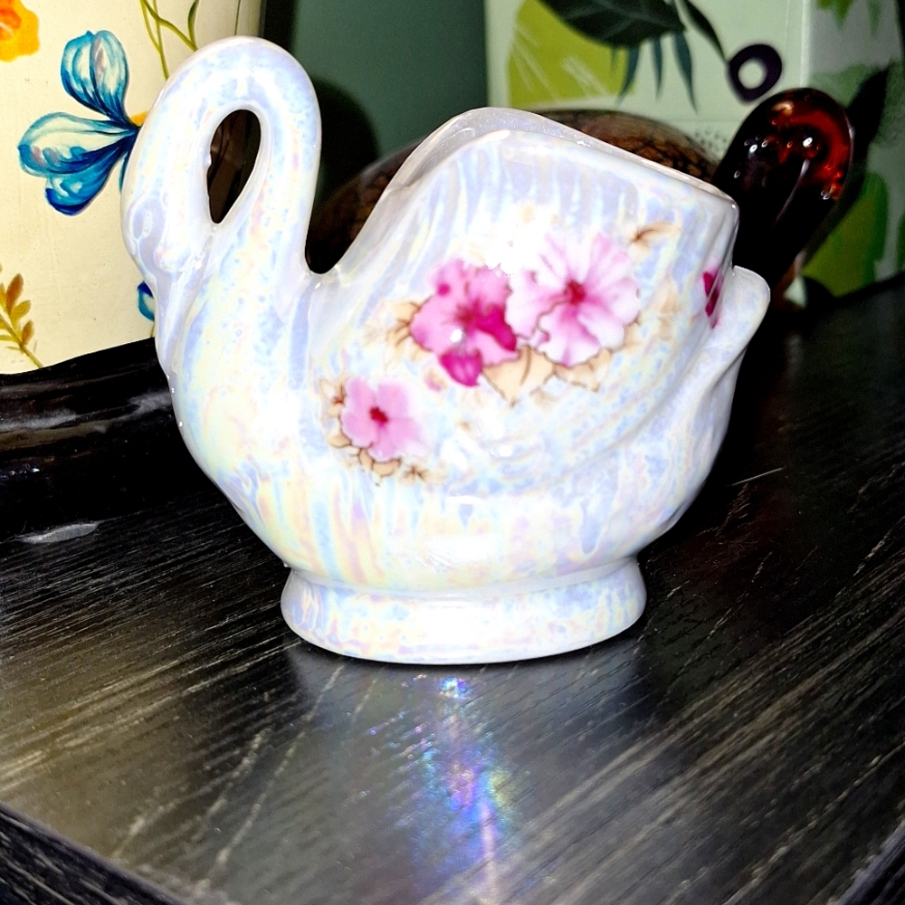 Iridescent lusterware swan toothpick holder (vintage)